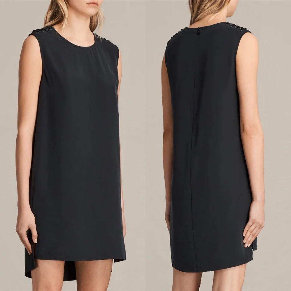 Allsaints Kaili Black Laced Dress Size 2 Shift Minimalist Split 100% Modal‎ Mini